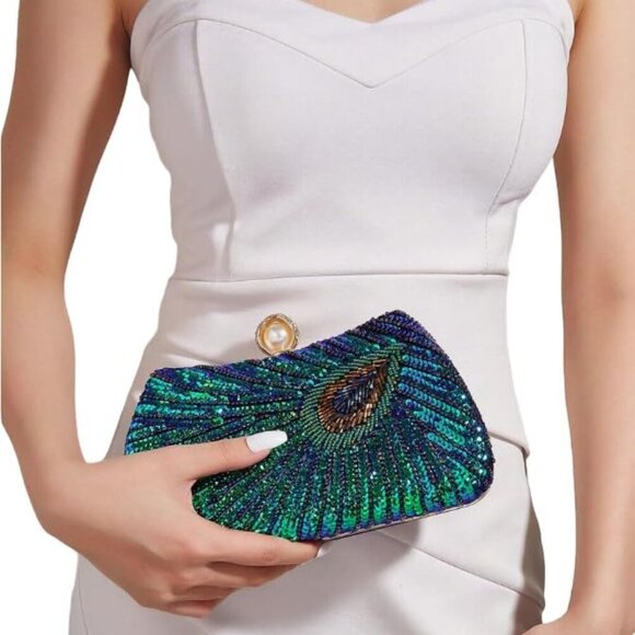 Women's Sequin Beaded Peacock Evening Clutch Purse Pearl Chain Vintage Handbag - Picture 7 of 7